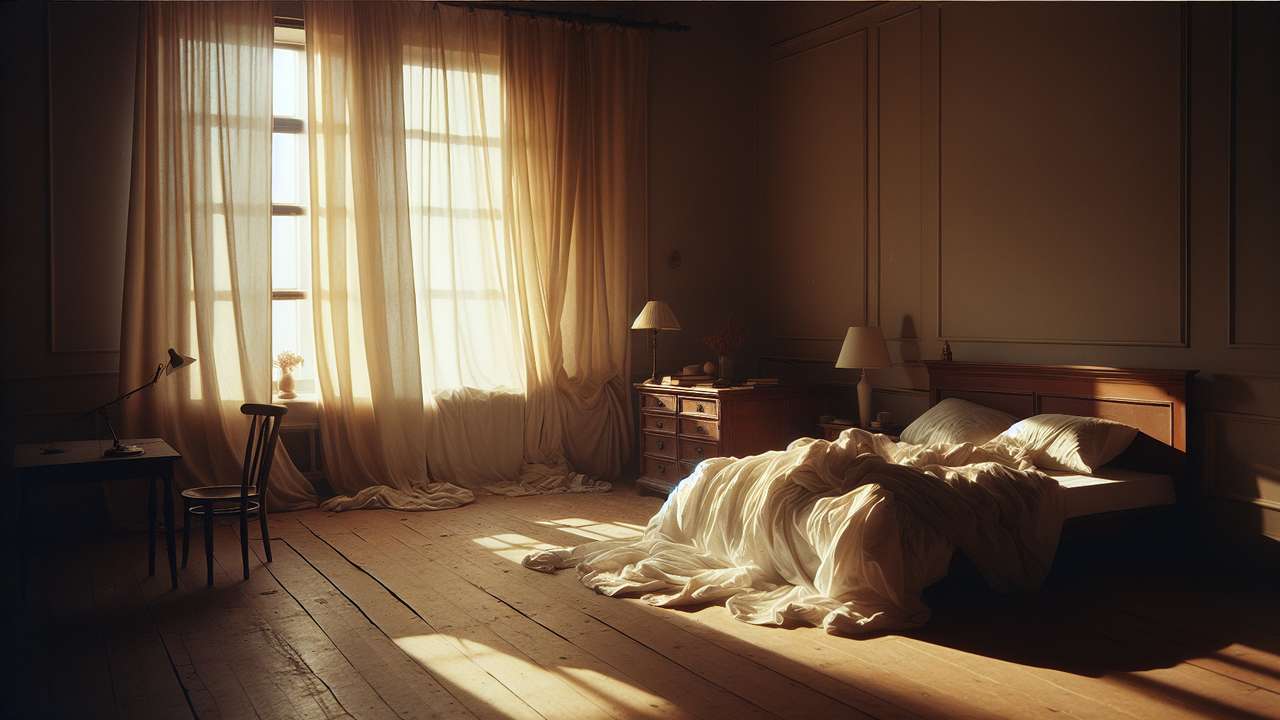 sunlit bedroom on a lazy sunday morning, white sheets tangled, warm golden light through half-open curtains, intimate and calm