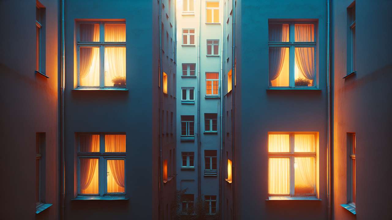 warm summer evening, two apartment windows facing each other across a narrow courtyard, golden lamplight, sheer curtains