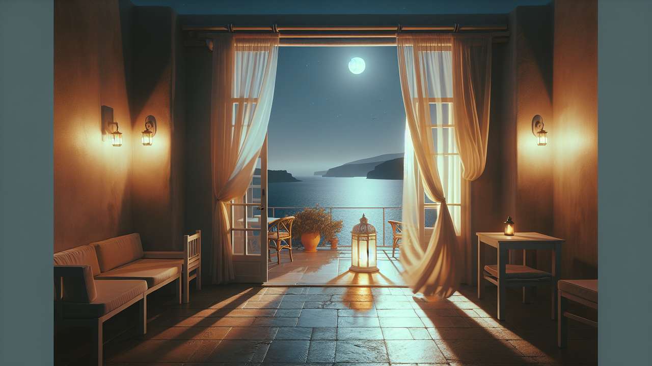 Turkish coastal boutique hotel at night, open terrace doors, sheer curtains in warm breeze, moonlit Aegean sea, lantern glow