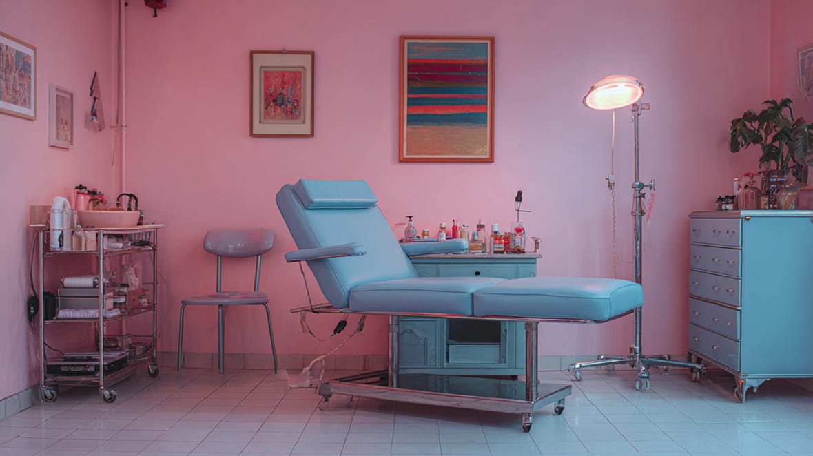 dimly lit piercing studio at night, neon signs glowing purple, black leather chair, sterile yet intimate atmosphere