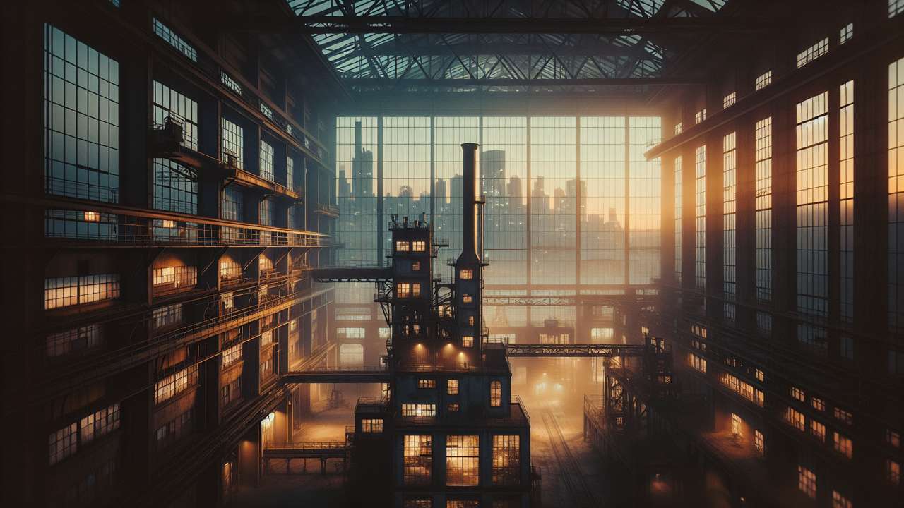 abandoned industrial loft at night, warm amber light through tall factory windows, Ruhr area skyline, moody and intimate