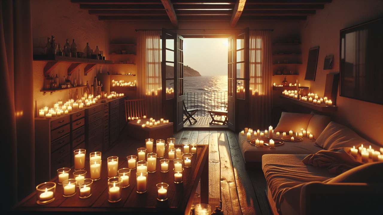 Cozy vacation apartment at night, dozens of candles flickering on windowsills and shelves, warm golden light, open balcony door with sea breeze
