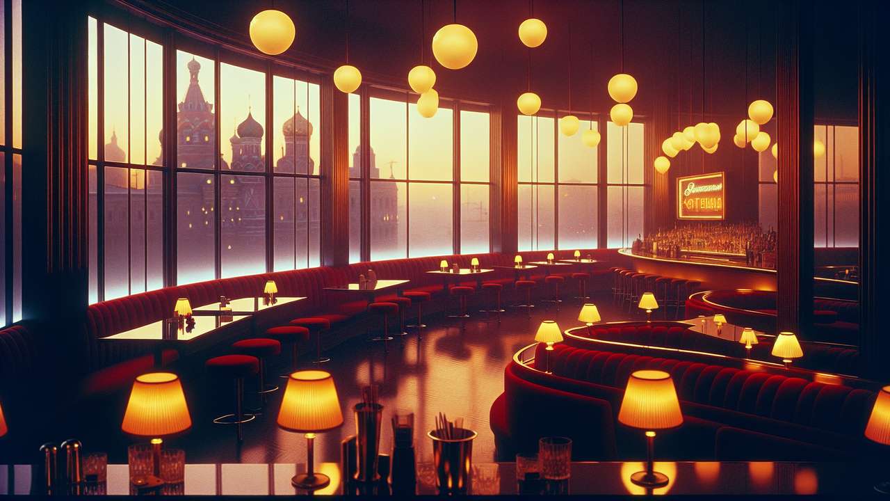 Dimly lit Moscow cocktail bar at night, red velvet booths, warm amber lighting, frosted windows with city glow outside
