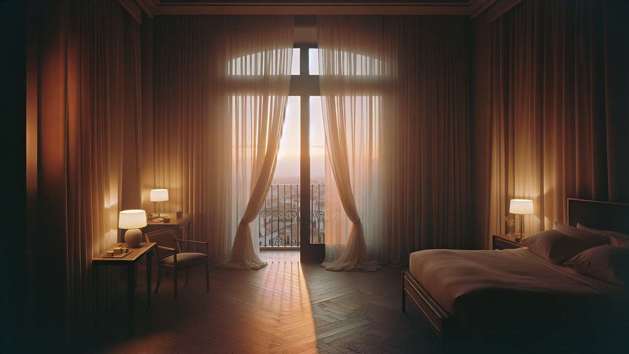 Dimly lit boutique hotel room in Sevilla, open balcony doors, warm night air, sheer curtains billowing, orange city lights