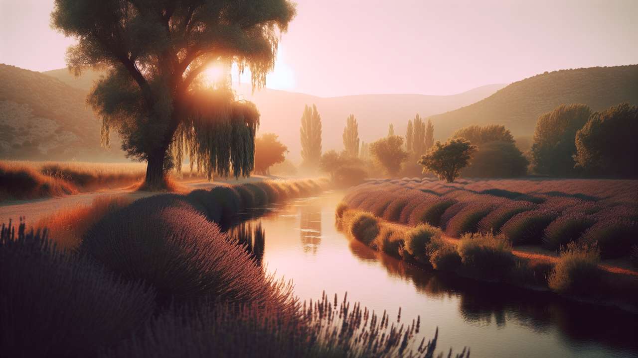Secluded riverbank in Provence at golden hour, warm light on lavender fields, willows trailing into calm water, soft summer haze