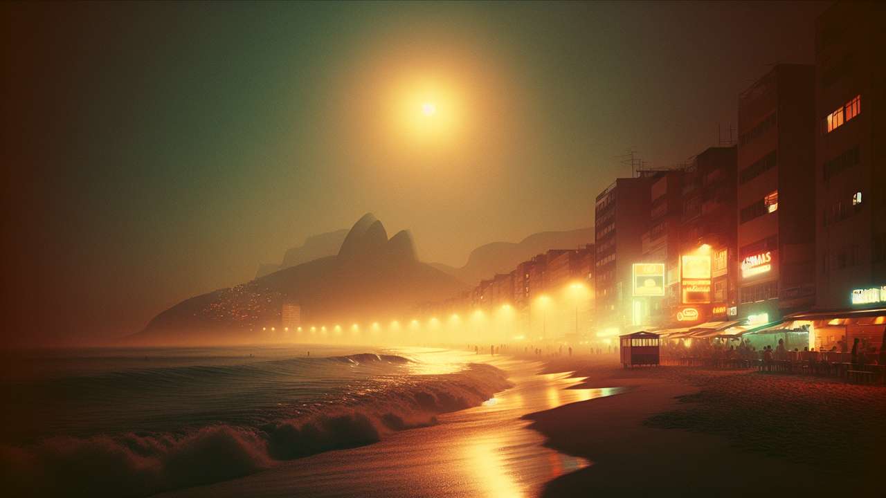 Copacabana beach at night, warm golden light from distant bars, waves glowing under a low tropical moon, humid air