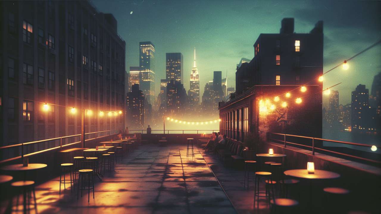 dimly lit rooftop bar in Manhattan at night, city skyline glowing, warm string lights, moody urban atmosphere