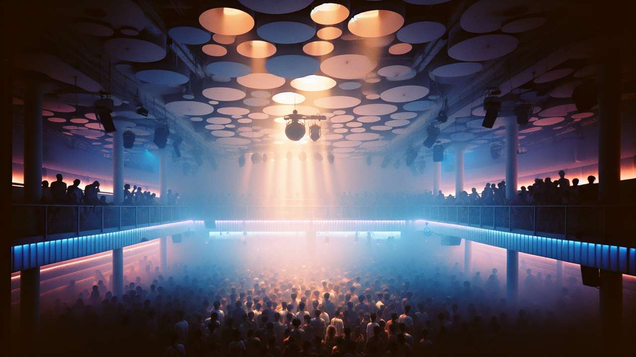 Ibiza nightclub interior, neon blue and purple lights, fog machine haze, crowded dance floor, summer night atmosphere