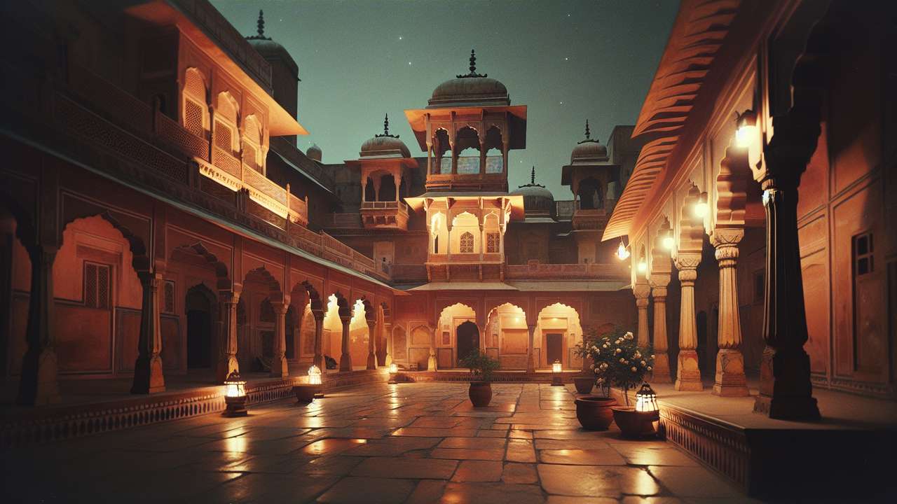 dimly lit courtyard of an old haveli in Jaipur at night, warm lantern glow, sandstone arches, jasmine scent in humid air