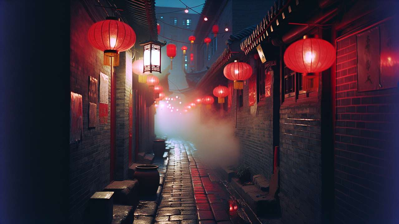 narrow Hutong alley in Beijing at night, red paper lanterns glowing warmly, old brick walls, steam rising from the pavement