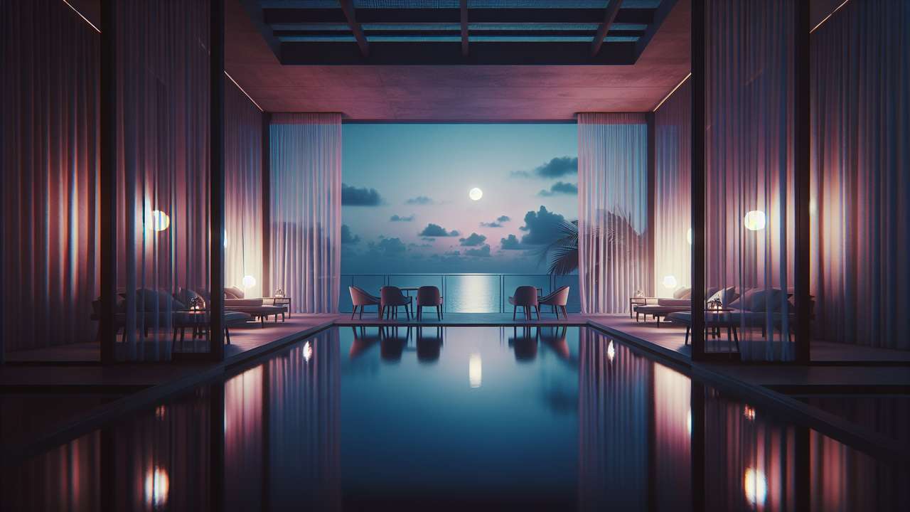 luxurious all-inclusive hotel balcony at night, warm breeze, moonlight reflecting on calm ocean, sheer curtains swaying
