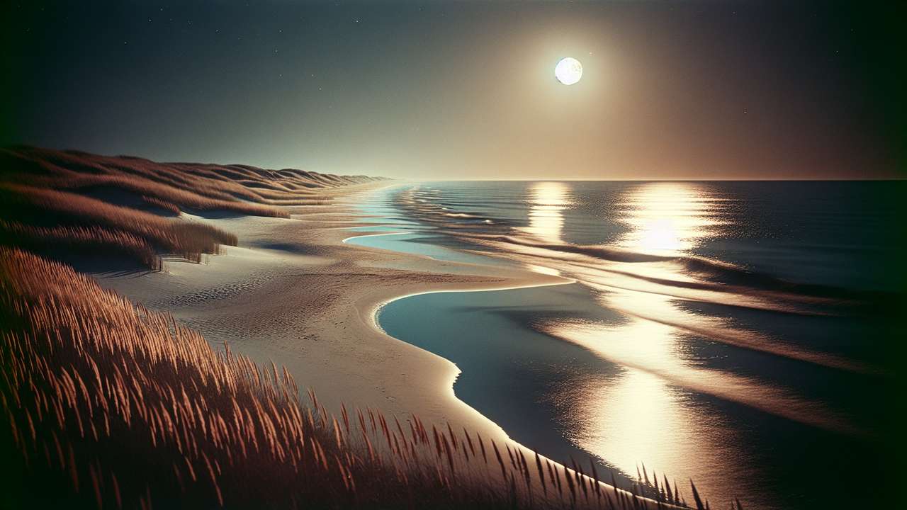 deserted Baltic Sea beach at night, moonlight reflecting on dark waves, distant dune grass swaying, warm summer air