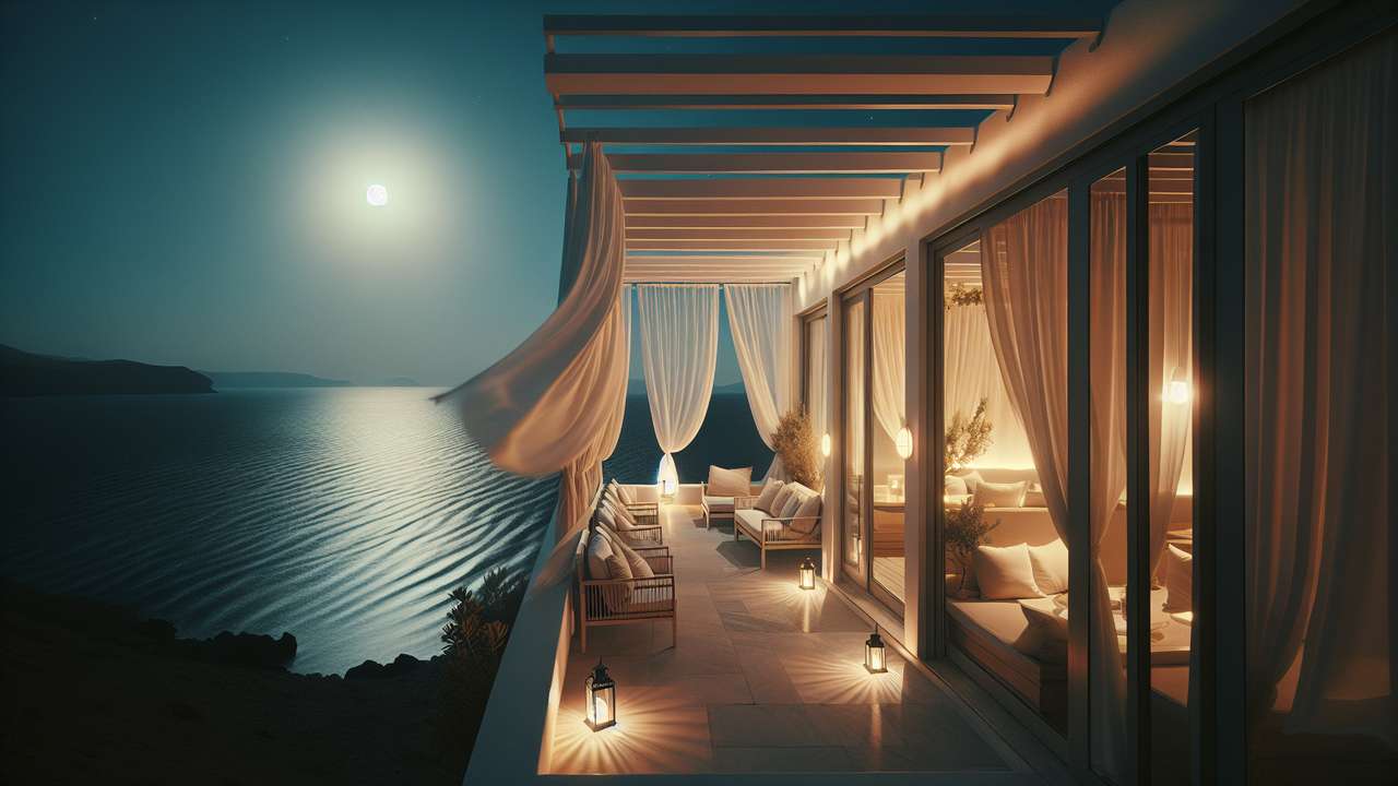 Turkish coastal boutique hotel at night, open terrace doors, sheer curtains in warm breeze, moonlit Aegean sea, lantern glow
