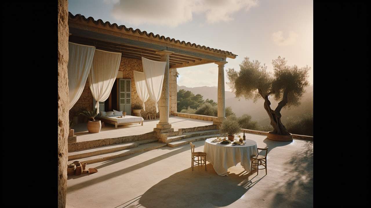 sun-drenched stone finca terrace in Mallorca, white linen curtains blowing, golden afternoon light, olive trees, hazy heat
