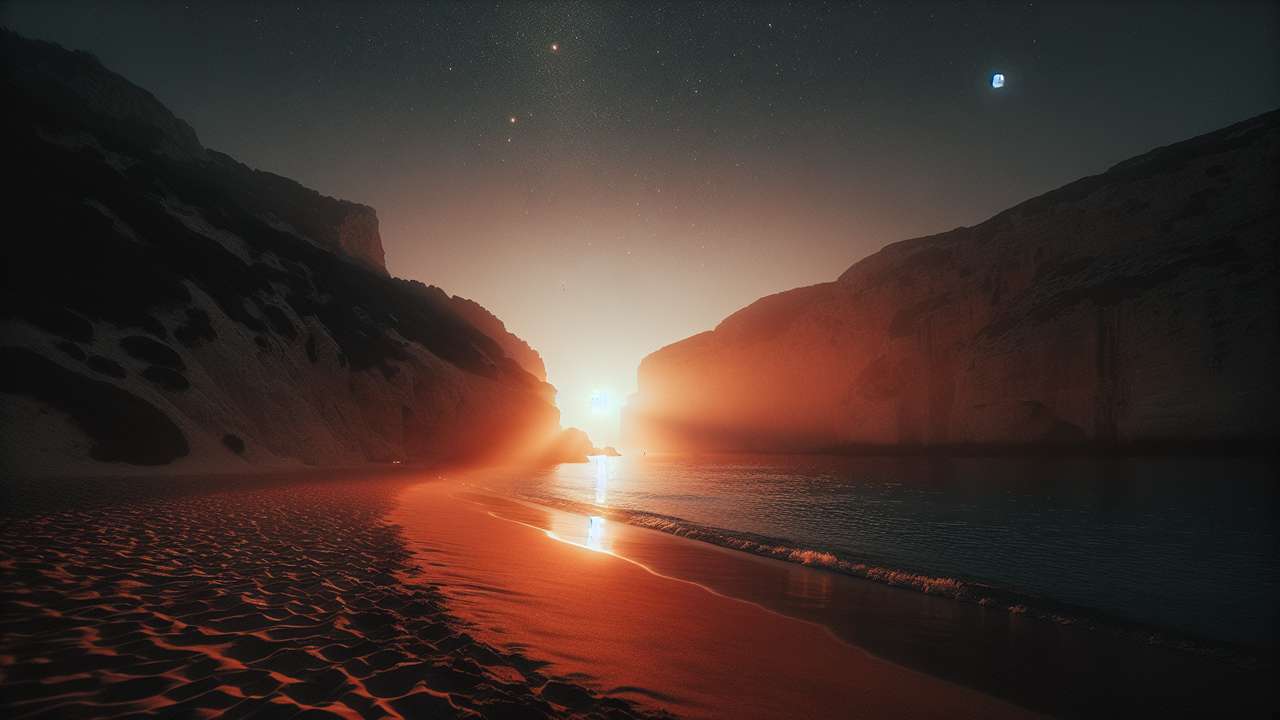 Secluded Mediterranean beach at night, warm starlight reflecting on calm dark water, soft sand, distant cliff silhouette