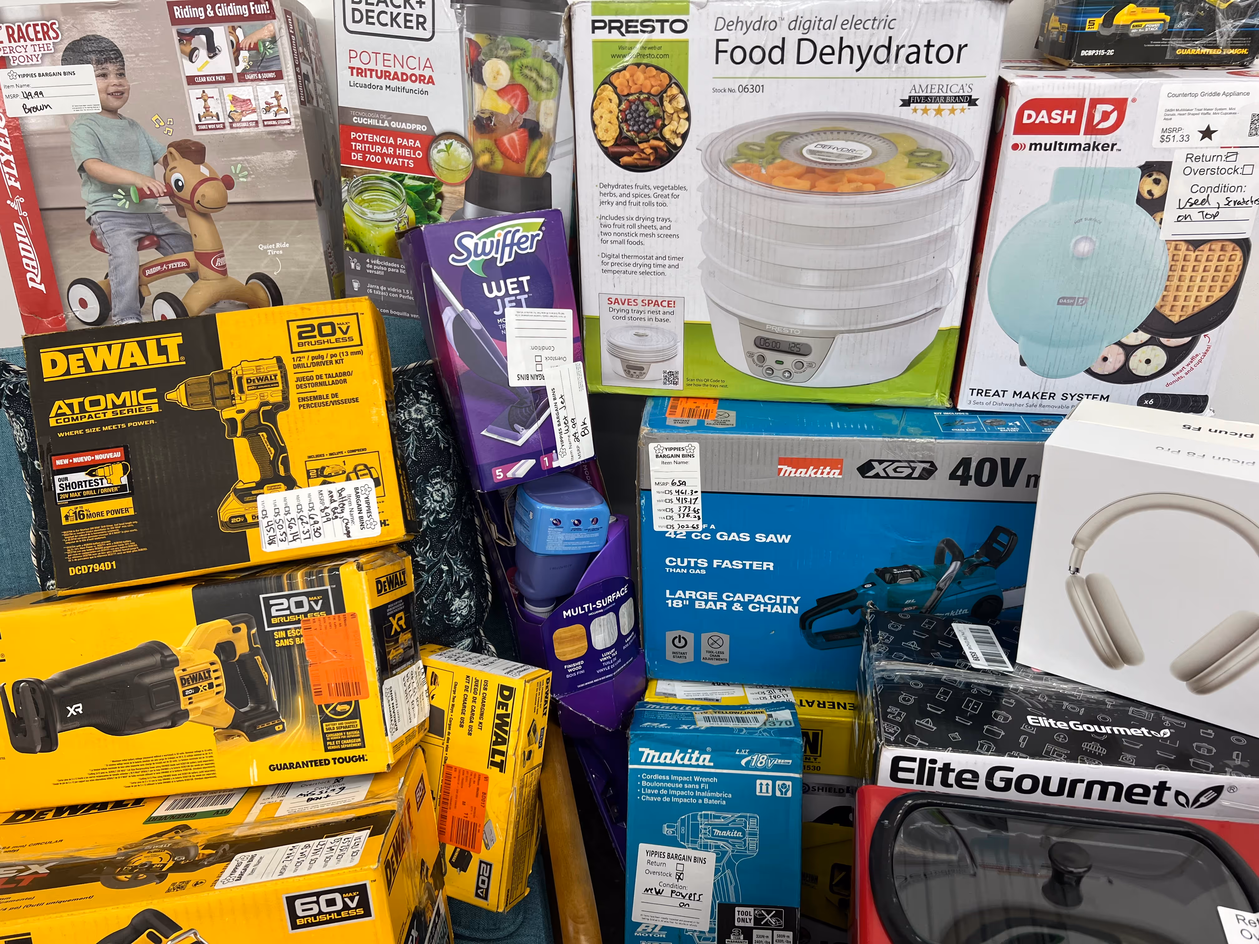 tools and assorted boxed dry goods