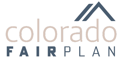Logo for Colorado Fair Plan with stylized roof graphic above the text.