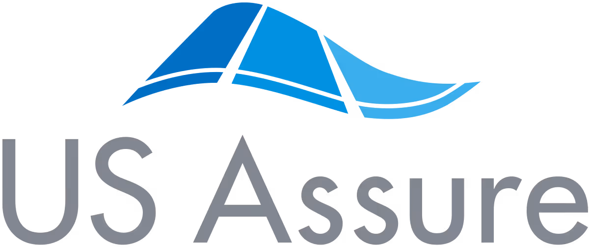 US Assure logo with stylized blue wave icon above gray text.