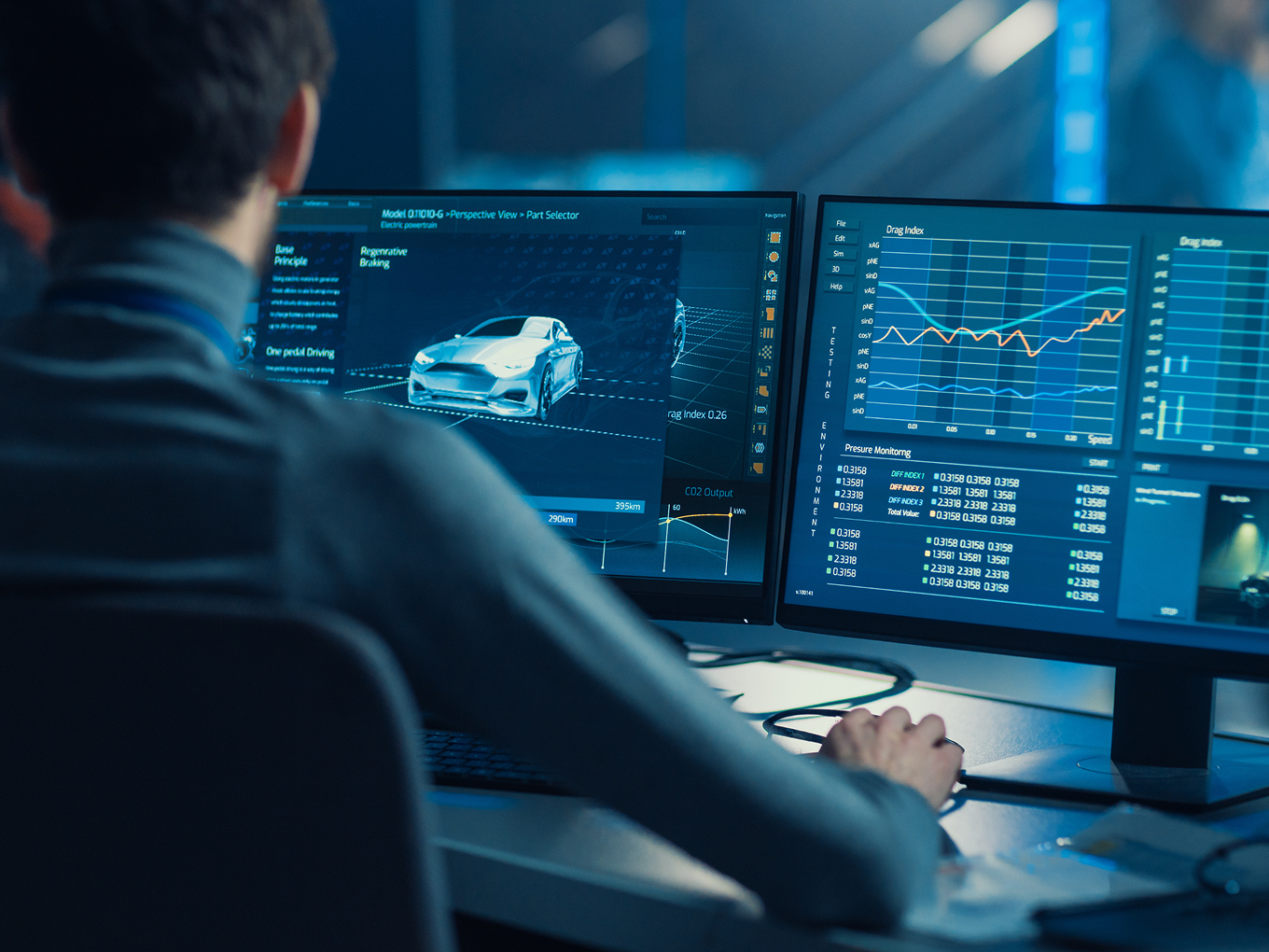 Rear view of a person analyzing digital 3D car model and performance graphs on dual computer monitors.