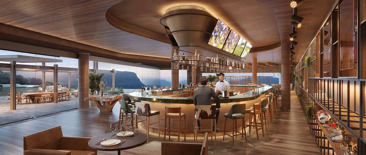 Bar moderno com design elegante, assentos altos, balcão em forma de U, vista para área externa com vidro panorâmico e uma pessoa servindo um cliente.