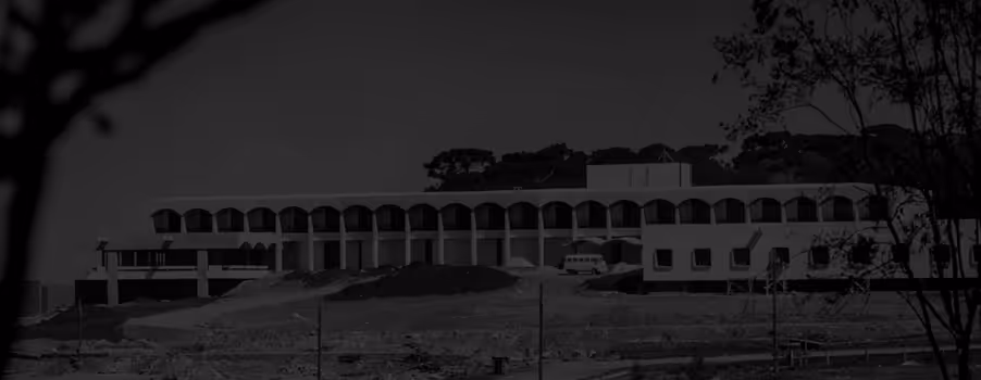 Prédio moderno com colunas arquitetônicas e janelas em arco em área aberta com árvores ao redor.