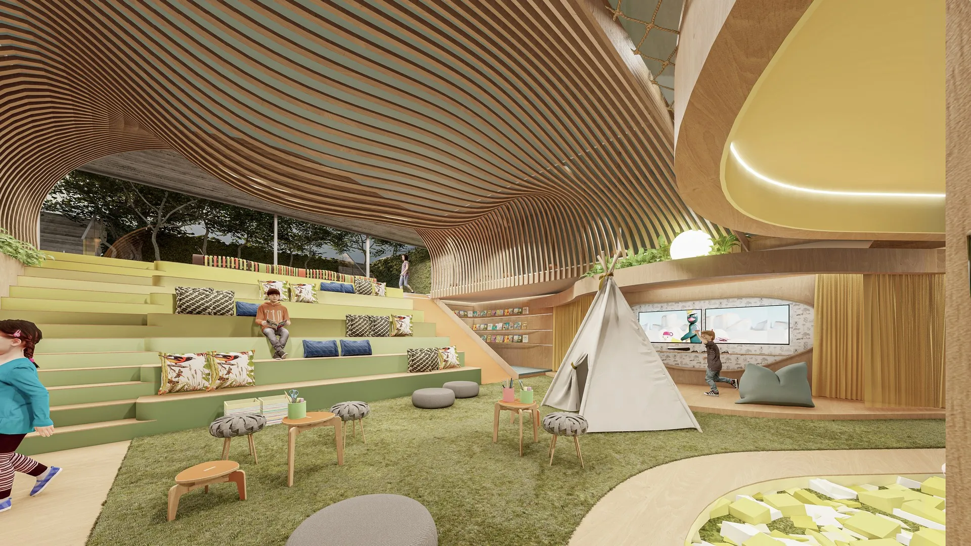 Sala de recreação infantil moderna com assentos em degraus verdes, tenda branca, mesas pequenas, área de gramado e teto em ripas de madeira curvadas.