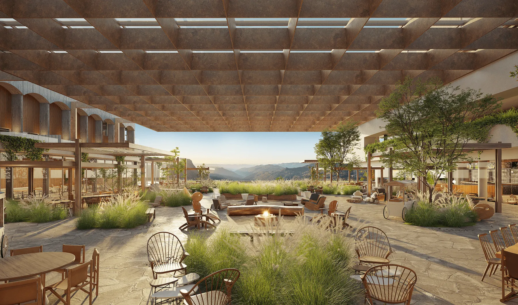 Área externa com assentos de madeira ao redor de fogo central, plantas decorativas e teto quadrado com aberturas que permite visão de montanhas ao fundo.