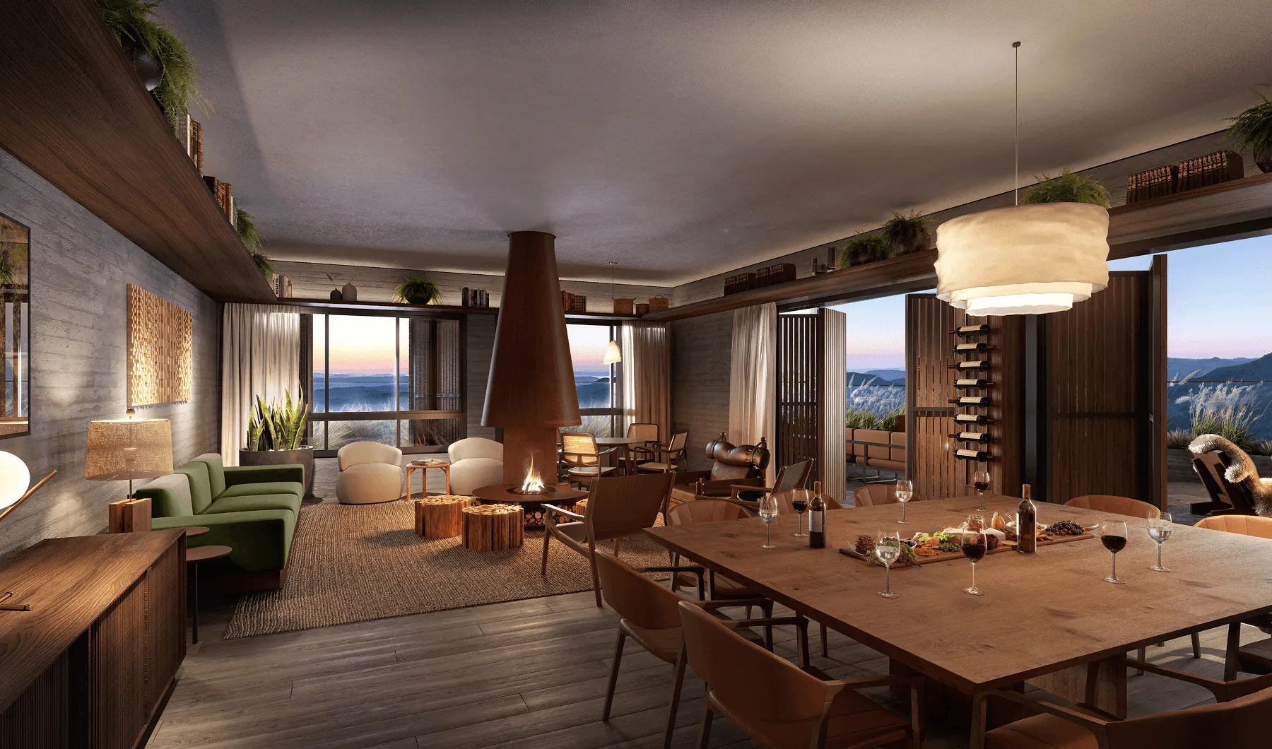 Sala de estar e jantar moderna com lareira central, sofá verde, cadeiras brancas, mesa de jantar de madeira com taças de vinho, e vista para o pôr do sol pela janela.