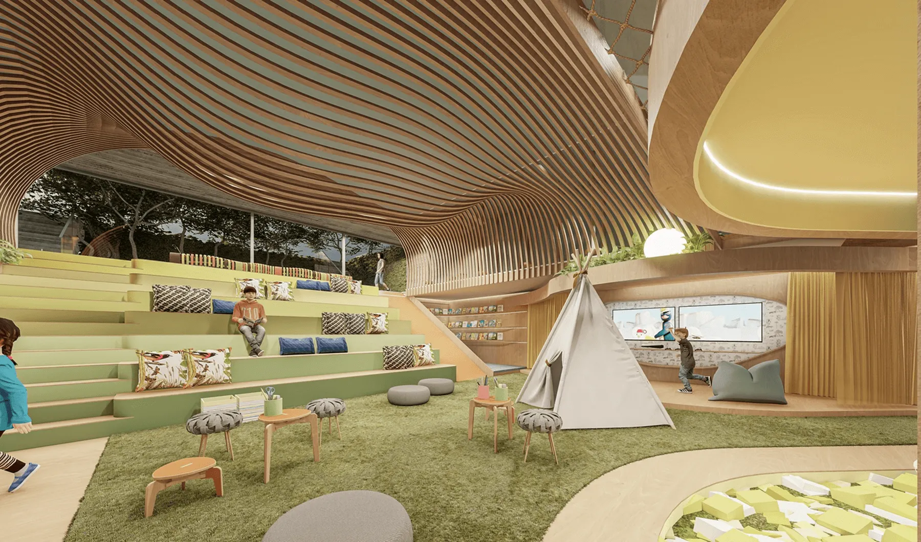 Espaço infantil moderno com área em degraus verdes, almofadas, tenda branca, brinquedos e teto com ripas de madeira onduladas.