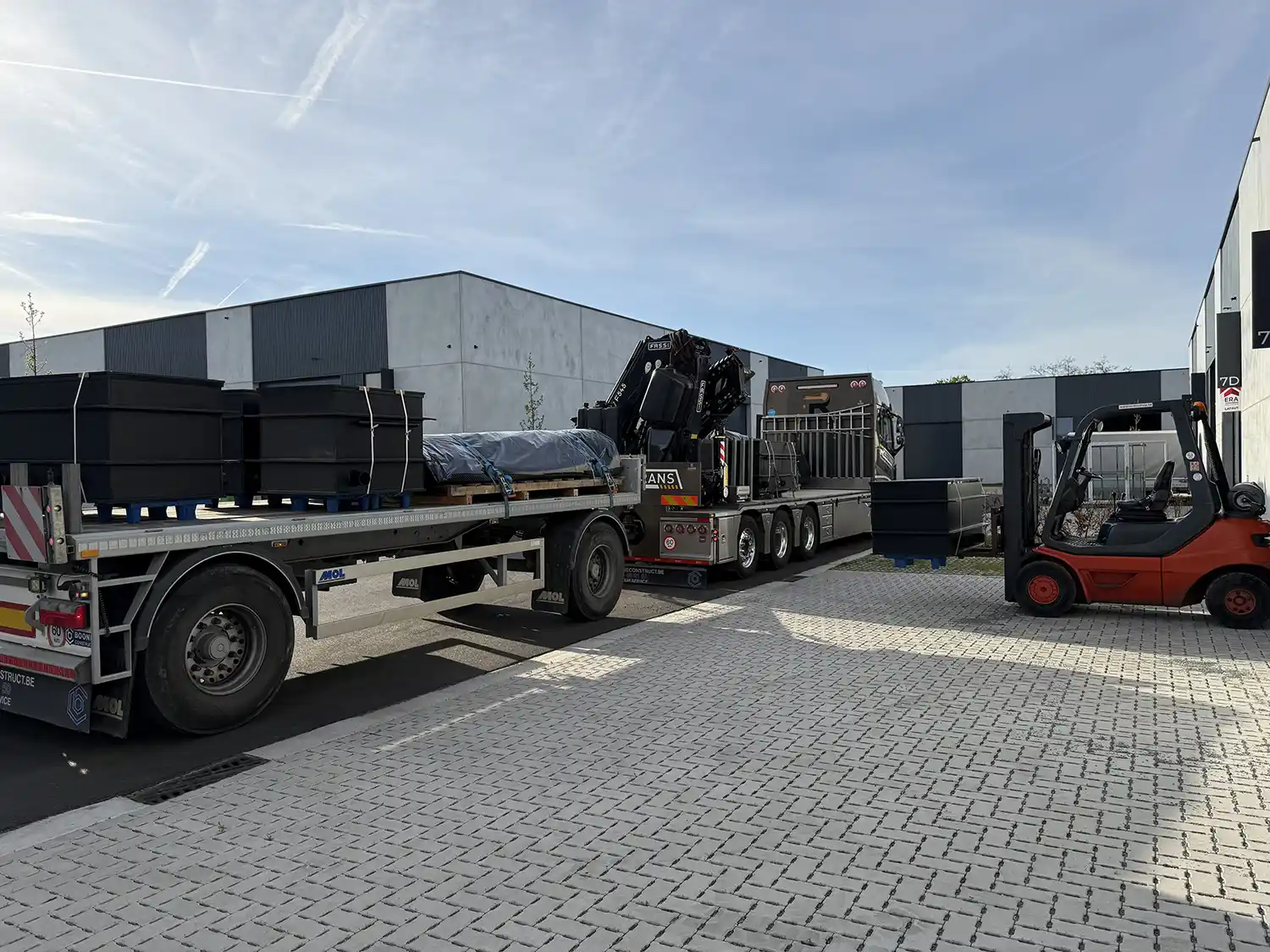 EQUIA Ebb and Flow system being loaded on a trailer, to be shipped to France