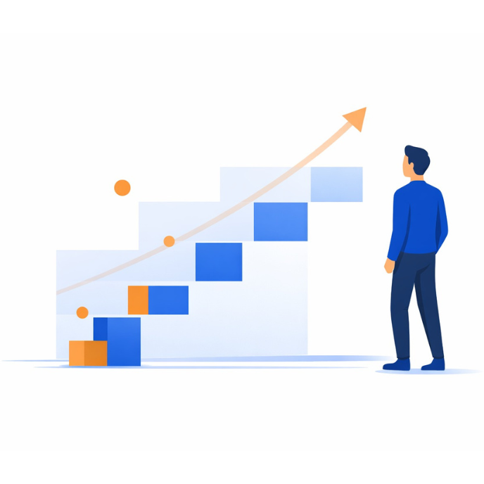 Illustration of four business people standing together with symbols of growth, communication, security, and ideas above them.