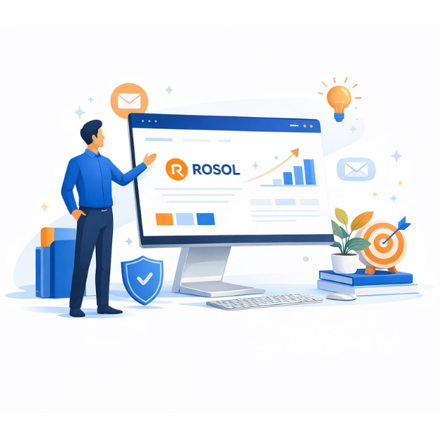 Desktop computer displaying a website homepage with the headline 'Helping Businesses Grow Through Websites, Branding & Digital Strategy' and an illustration of a person using a laptop surrounded by digital icons.