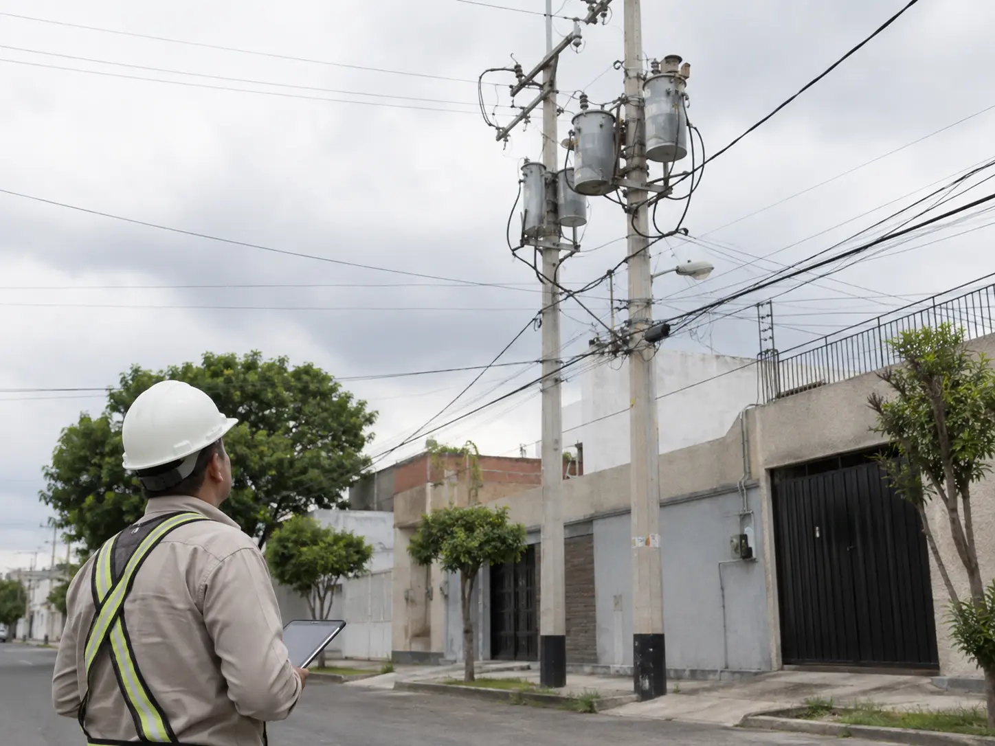 Técnico inspeccionando infraestructura eléctrica urbana