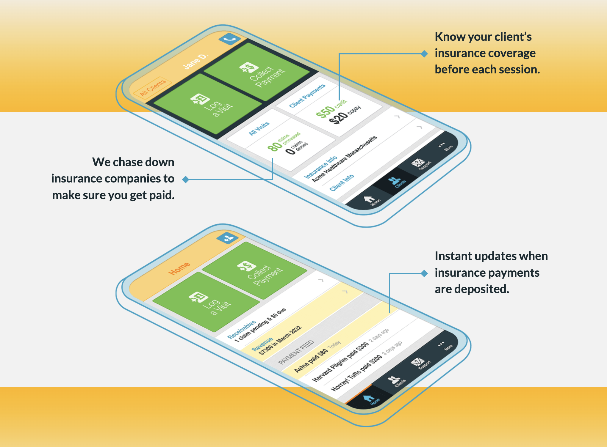 A diagrammed illustration mocking up two app screens for the Exclaim app, indicating that users can use it to understand client insurance coverage, manage claims and view payment activity