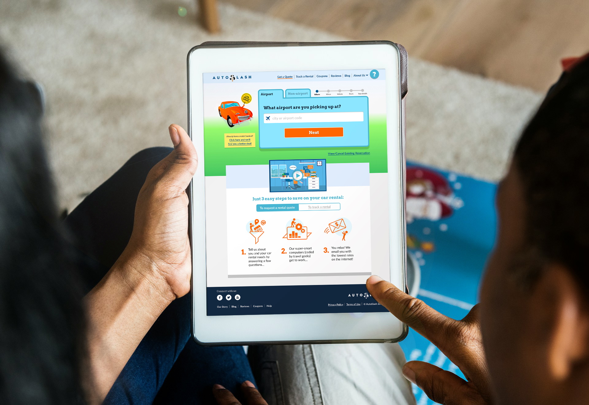 A tablet screen in portrait mode, displaying the AutoSlash Get A Quote page