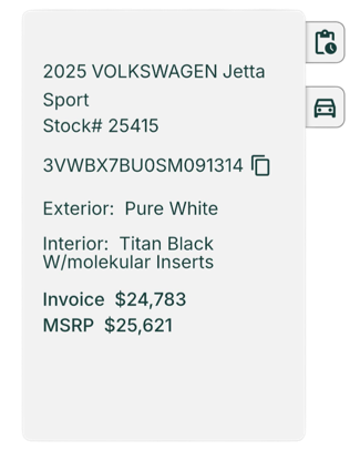 Vehicle inventory card in Dealerstock showing car details, status, and options