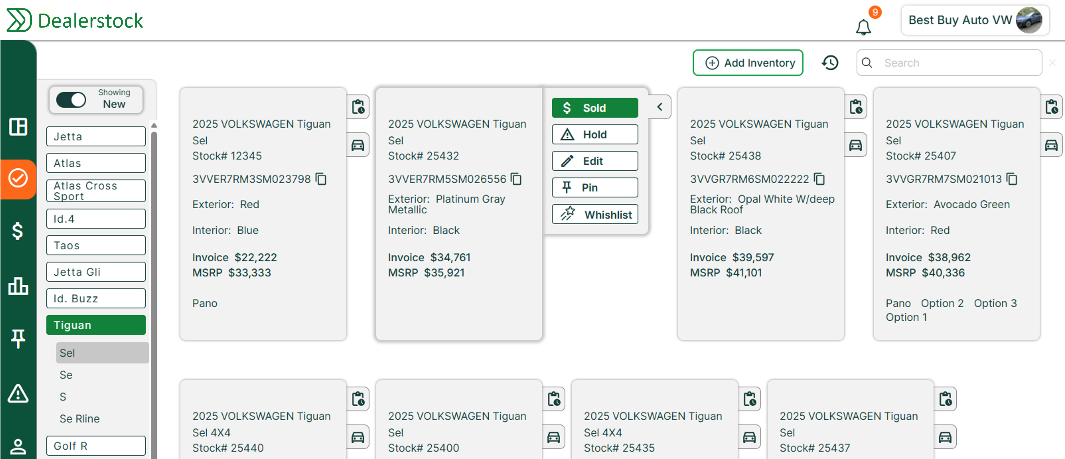 Dealerstock digital sales board showing real-time dealership inventory view