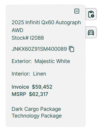 Vehicle inventory card in Dealerstock showing car details, status, and options