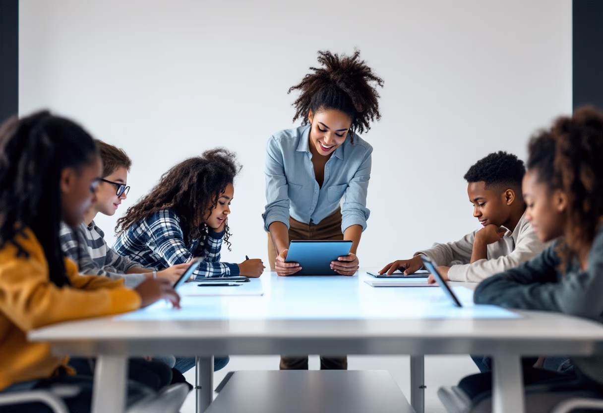 image of a teacher interacting with students using digital tools