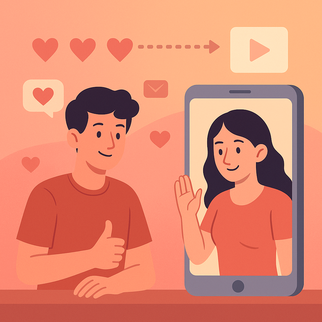 Flat illustration of a young man giving a thumbs-up during a video call with a woman on his smartphone screen, surrounded by heart icons and a play symbol, symbolizing the comeback of video dating.