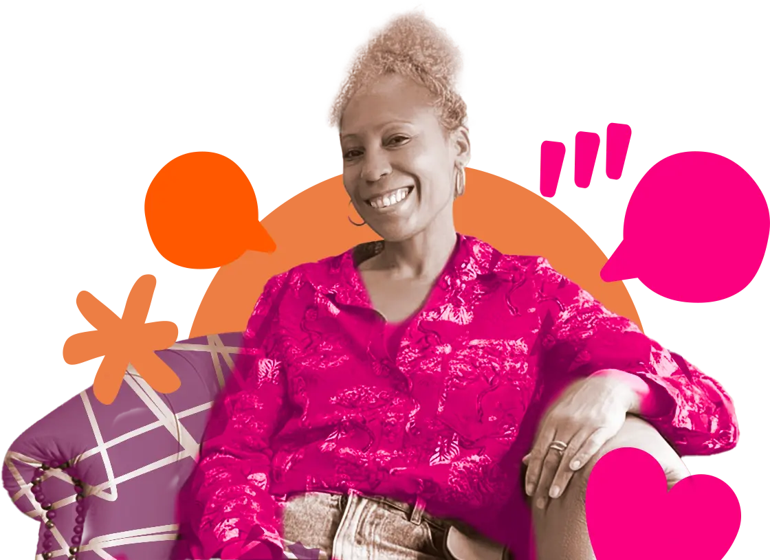 Smiling woman with curly hair sitting casually on a chair with colorful speech and heart icons around her on an orange background.