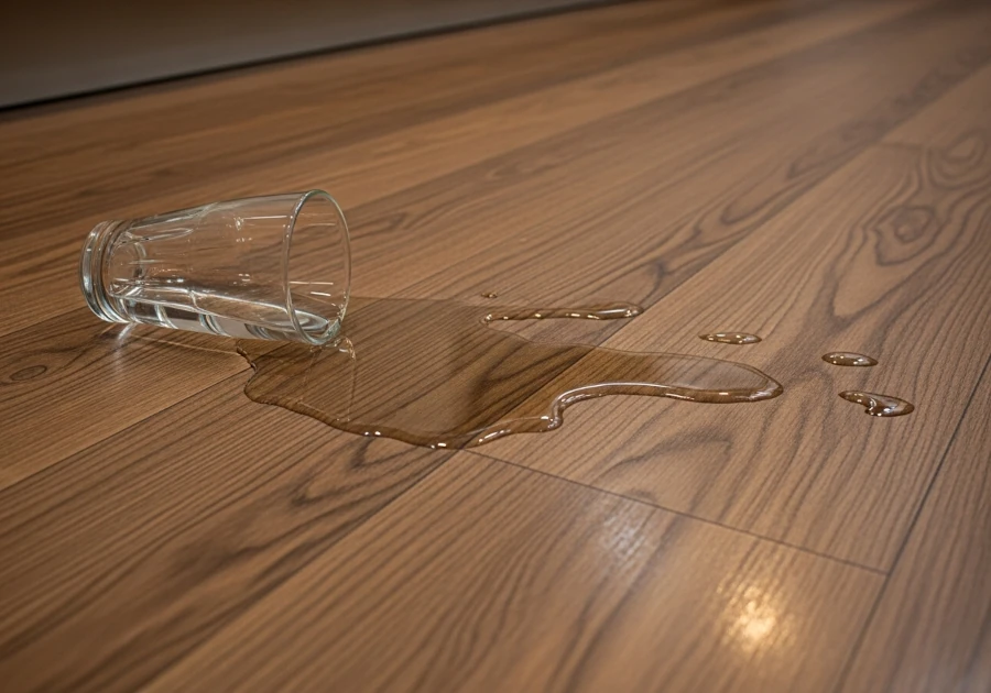 A glass of water lays spilled on a vinyl floor.