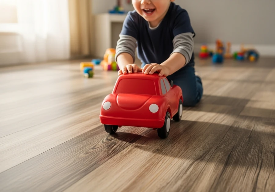 A child plays with toys on a vinyl floor.