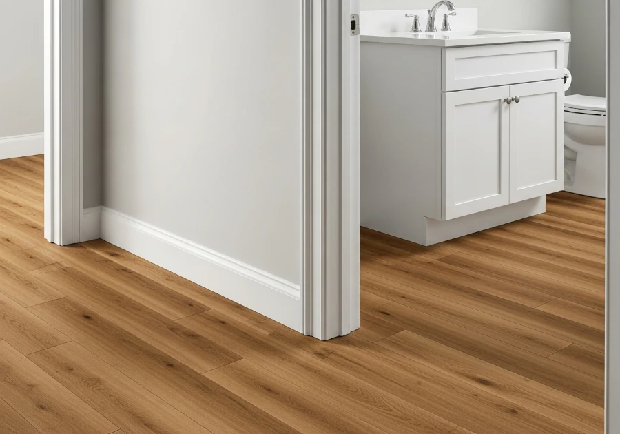 Vinyl flooring used in both bathroom and hallway.