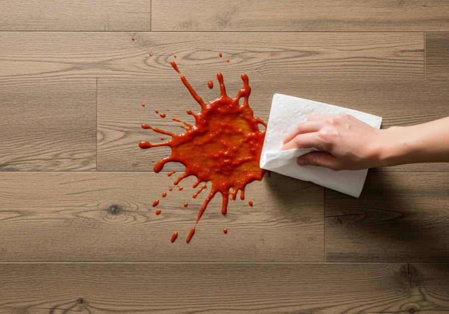 Some spilled spaghetti on a vinyl floor in a kitchen.