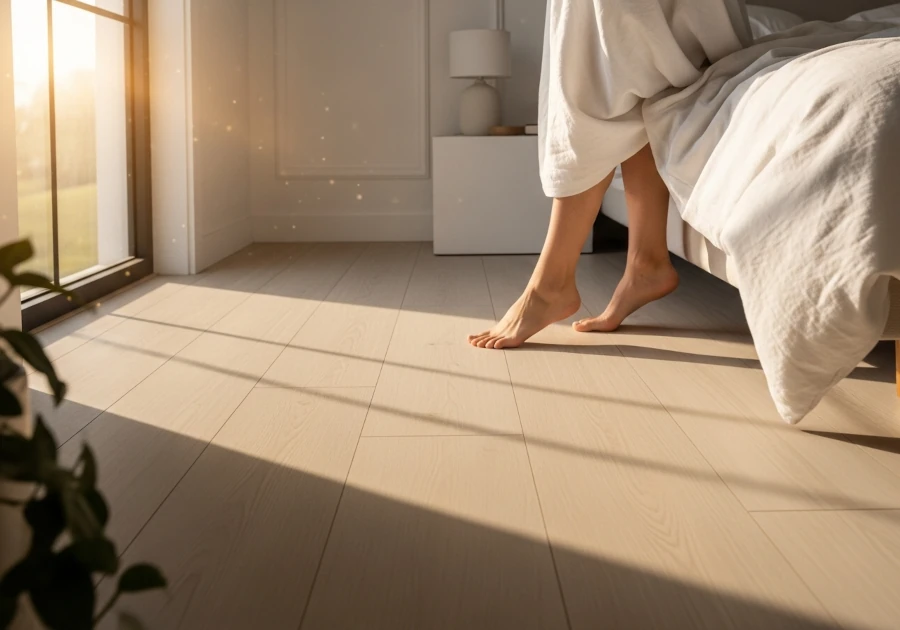 A pair of feet stepping out of bed onto a beautiful vinyl floor.