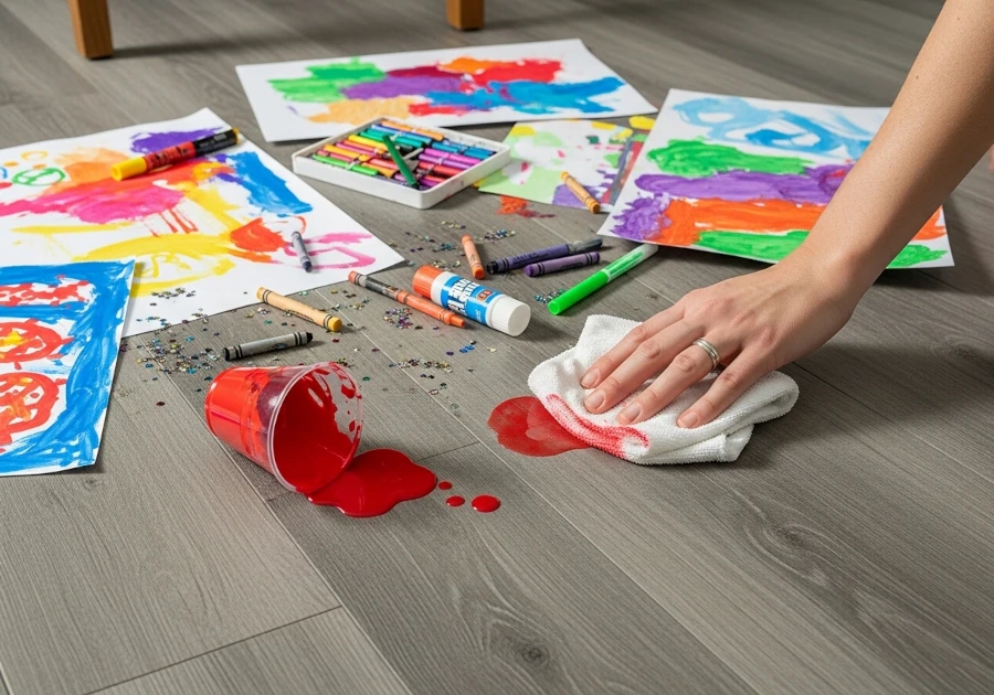 Cleaning up an art mess from a vinyl floor.