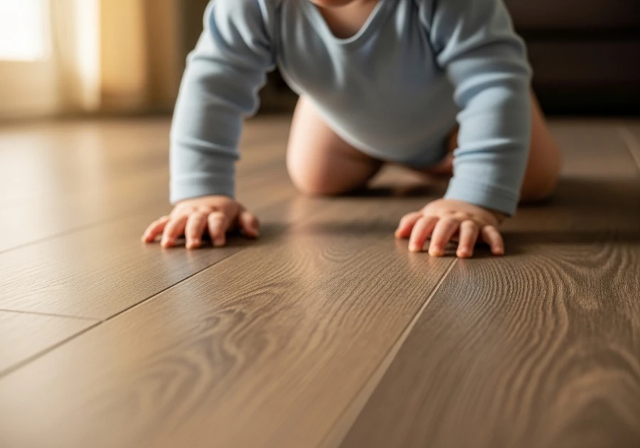 A child crawls across a vinyl floor.