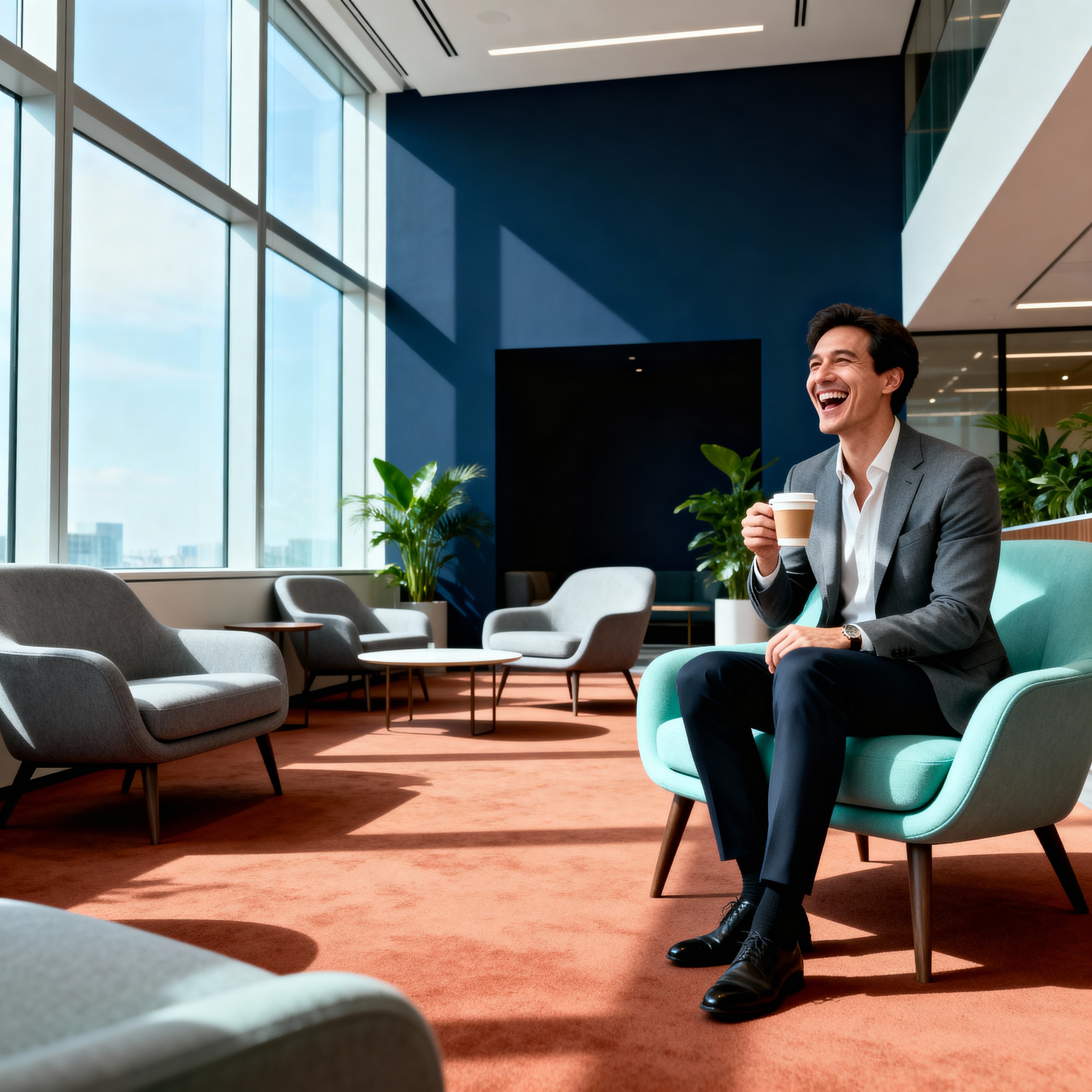 Homme souriant en costume assis sur un fauteuil turquoise dans un salon de bureau lumineux avec grandes fenêtres et plantes vertes, tenant une tasse à café.