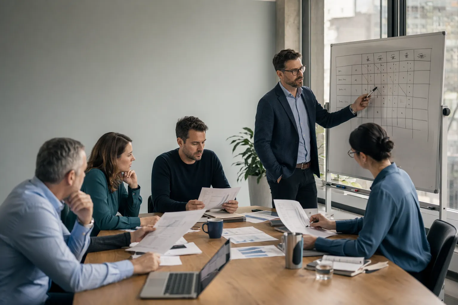 Conseiller ERP indépendant PlanAxion avec une équipe de direction lors d’une séance de gouvernance de projet.